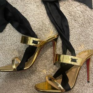 Christian Louboutin Foulard Cheville Satin Ankle-tie Sandals In Gold Black